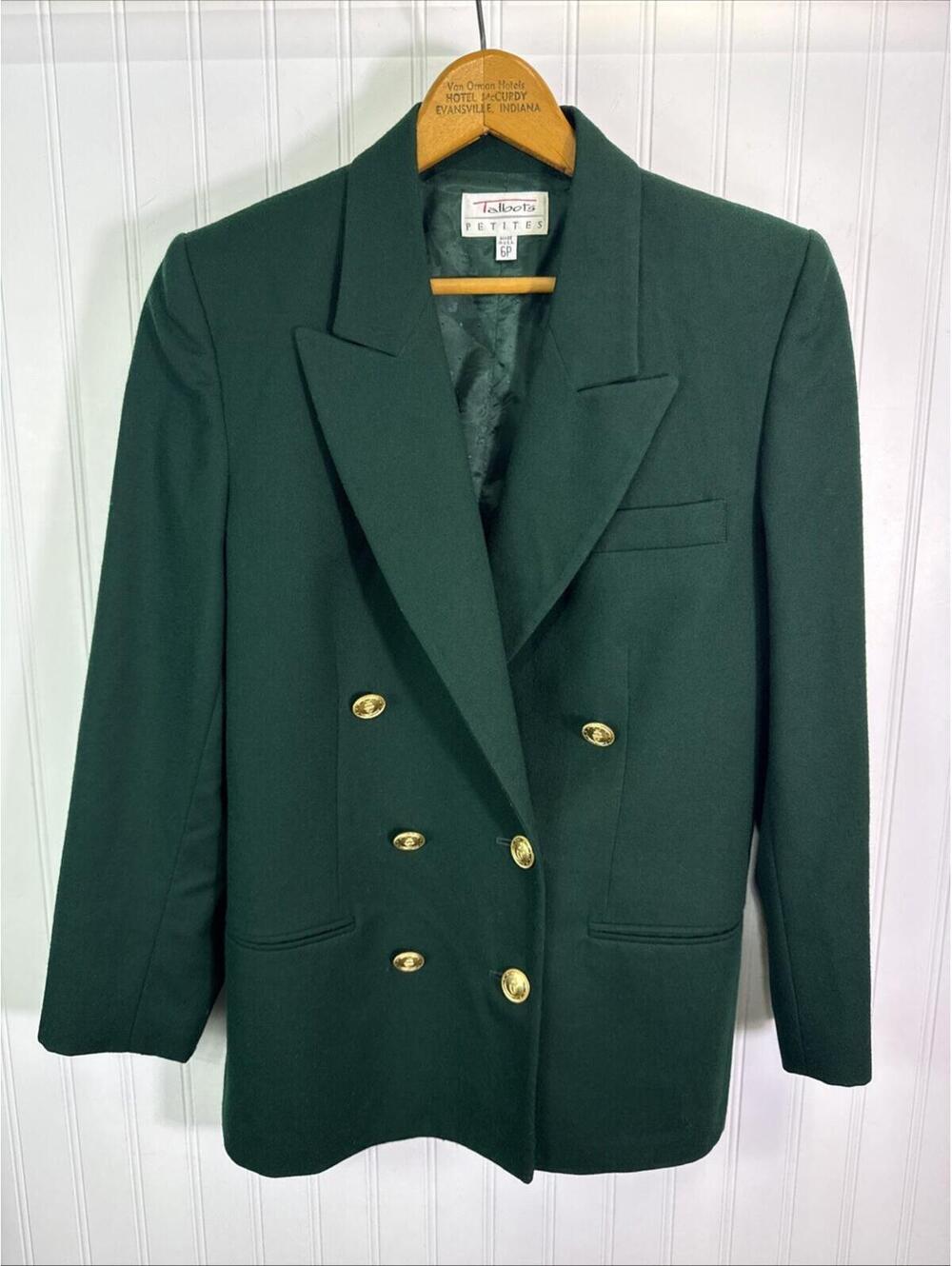 Vintage Talbots Green Wool Blazer 6P Double Breasted Gold Crest Buttons USA made